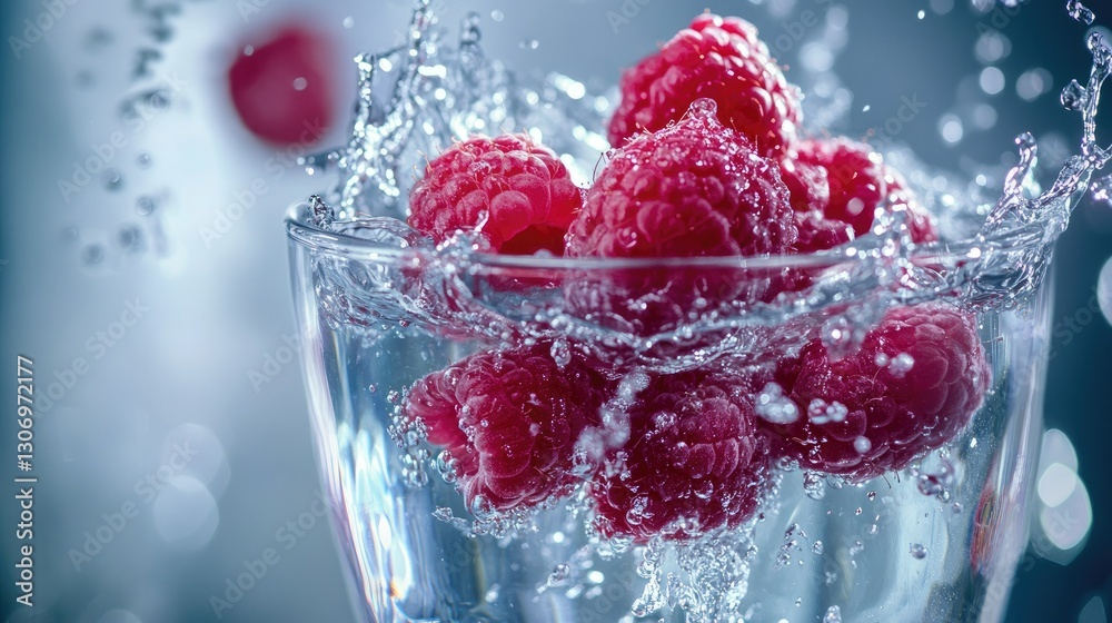 A refreshing splash as a cluster of raspberries plunges into a glass of water.