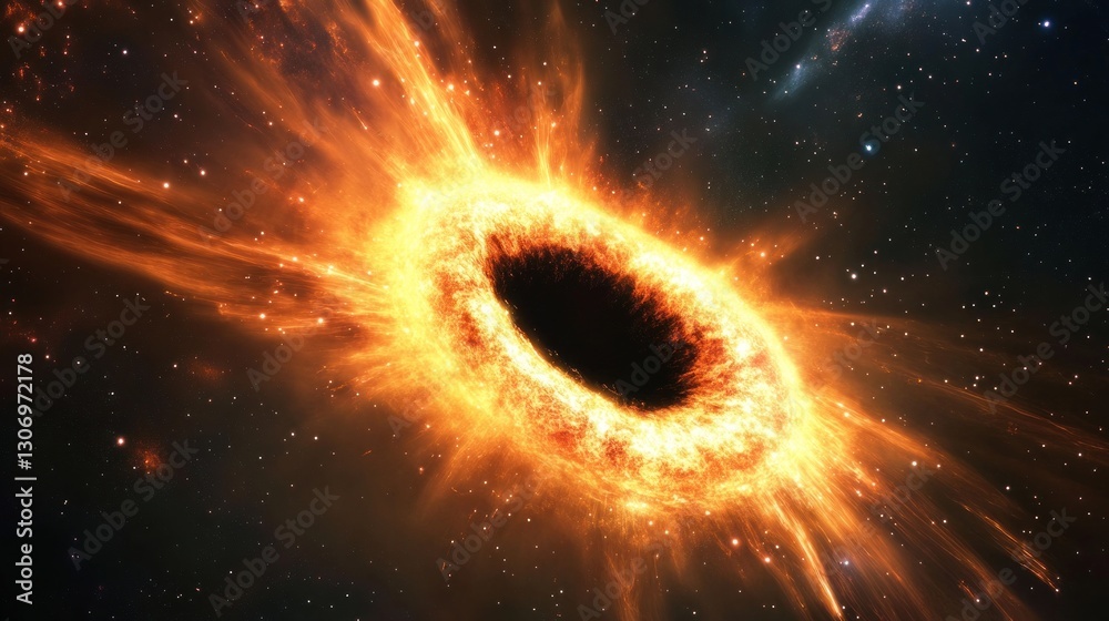 Fiery cosmic ring with glowing accretion disk, black hole, space, nebula. Fiery cosmic ring with glowing accretion disk, black hole, space, nebula.