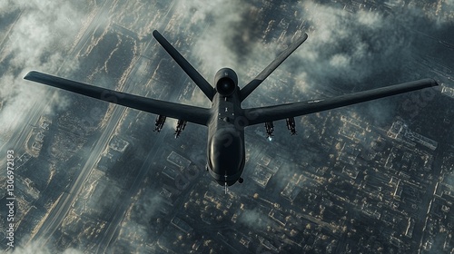 A military surveillance drone flying over enemy territory, discreet and tactical, ultra-detailed, 8k