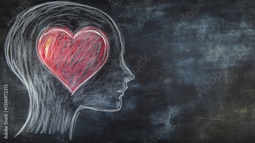 115.Shining Heart in human head. Love, instinct and romance concept. Chalk drawing. Copy space. Psychology, Valentine day, volunteer symbol