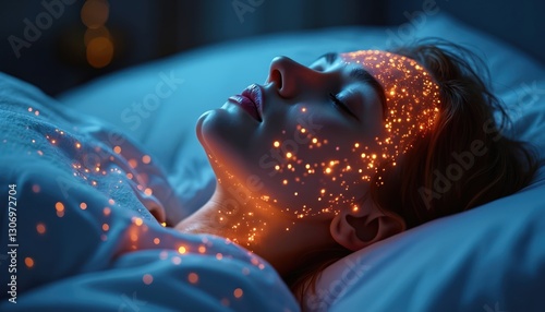Calm sleeping woman lying in bed at night with glowing particles around head. Dream state visualisation, REM sleep concept. Mind exploration during night rest, relaxation, peace.