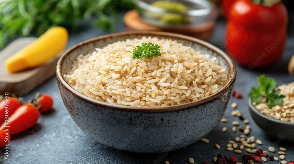 A simple yet elegant image of dry brown short-grain rice in a bowl, surrounded by healthy eating ingredients. A simple yet elegant image of dry brown short-grain rice in a bowl, surrounded by healthy eating ingredients.
