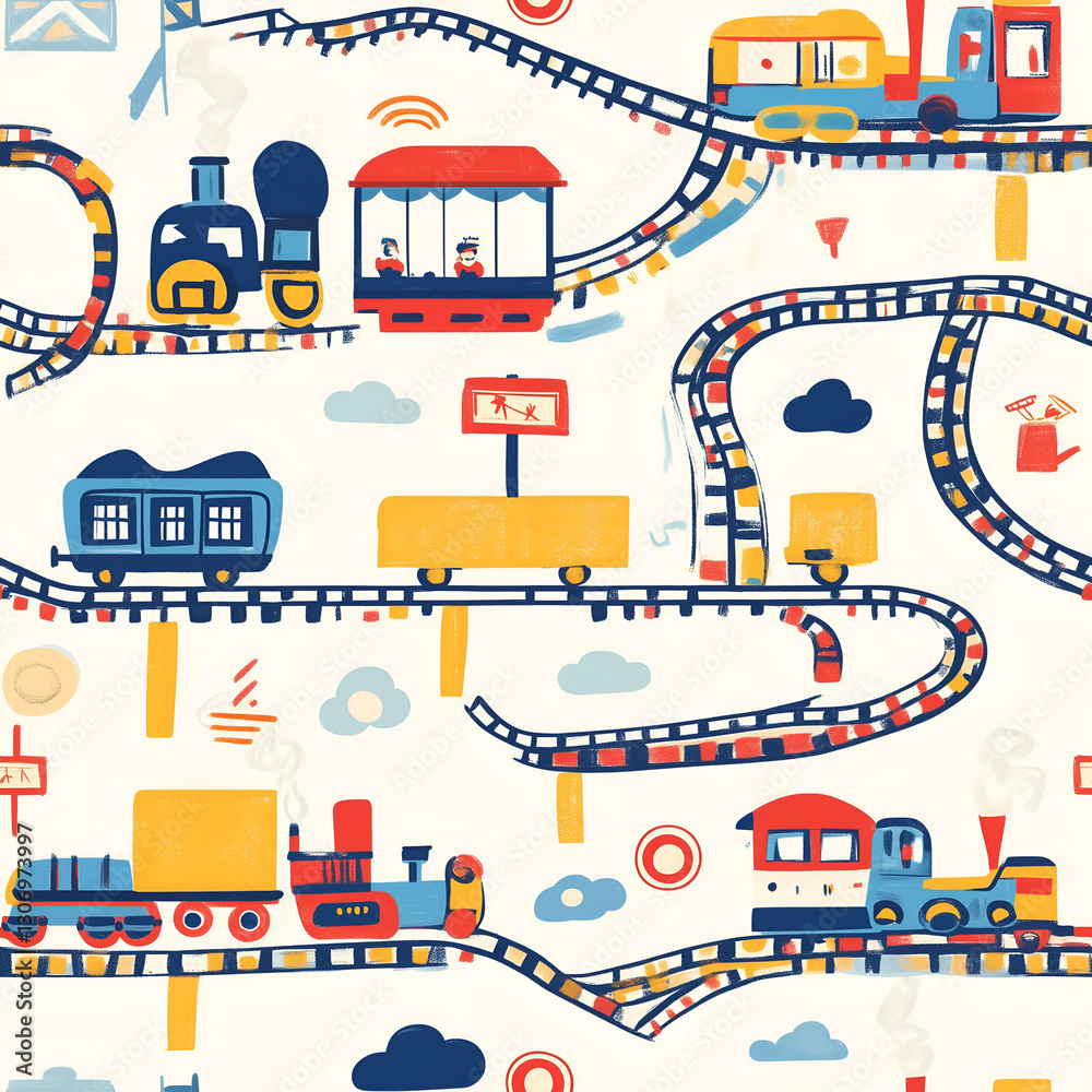 Colorful hand-drawn pattern with playful trains and tracks Repeating Pattern Tile Repeating Pattern Tile Colorful hand-drawn pattern with playful trains and tracks Repeating Pattern Tile Repeating Pattern Tile