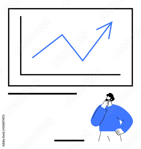 Blue line graph with upward arrow and thoughtful individual symbolizes growth, success, and strategic thinking. Ideal for analytics, planning, progress, finance, business, leadership management