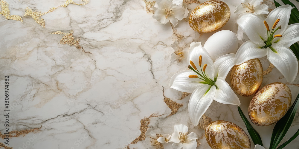 Obraz premium Elegant Easter banner with white lilies and golden eggs on a marble backdrop, featuring a spacious blank area for promotional text. Banner, copy space, flat lay, top view, mock up
