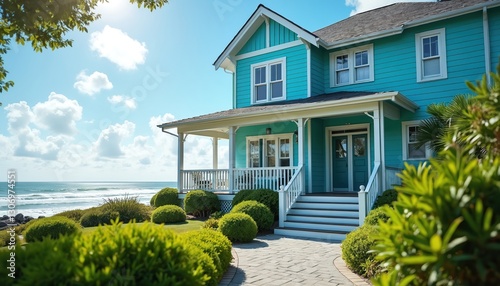 Bright cyan craftsman style ocean home features charming porch, rich plants. Oceanfront property offers luxury real estate, residential architecture, contemporary coastal living, near blue water.