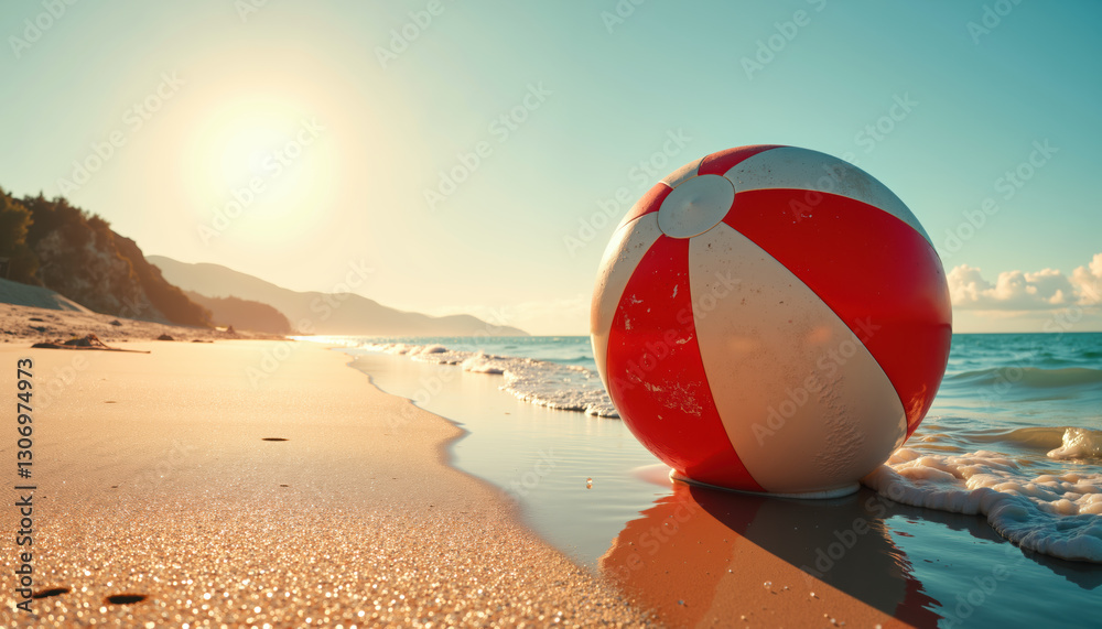 Obraz premium A colorful beach ball rests on the sandy shore as waves gently roll in under a serene sunset sky.