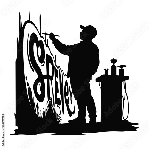 Silhouette of a street artist painting graffiti on a wall, creativity