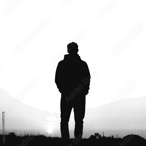 Lone figure standing silently against dawn sky, reflection and solitude