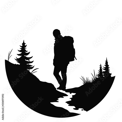 Silhouette of solo adventurer hiking a trail in nature, exploration journey