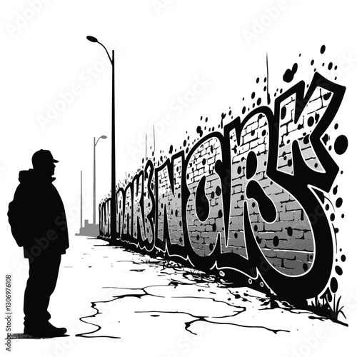 Silhouette of person admiring urban graffiti on city wall, street art
