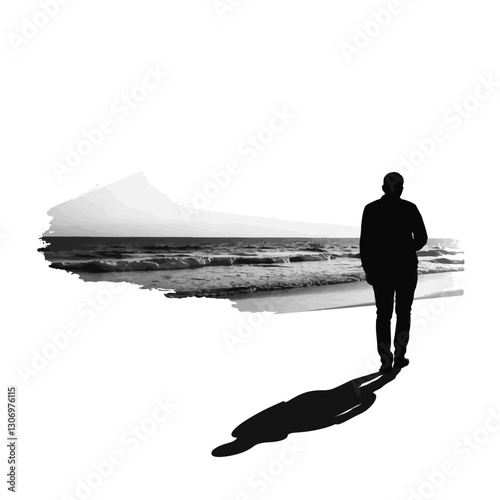 Solitary figure walking along beach at sunset, introspective journey