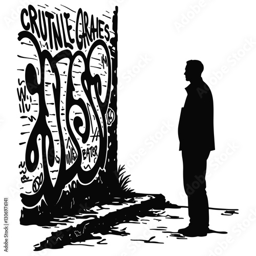 Lone figure admiring graffiti art on city wall, urban expressionism