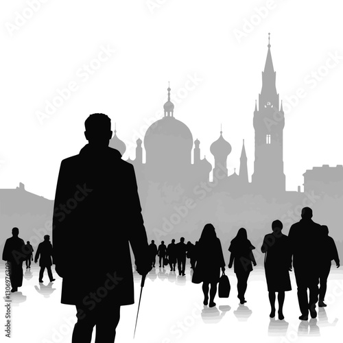 Silhouetted tourists strolling through historic city center, urban exploration