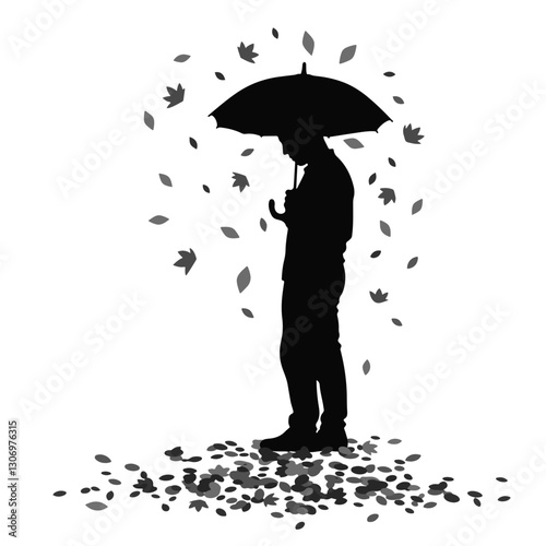 Silhouette of a man with an umbrella amid falling autumn leaves, solitude
