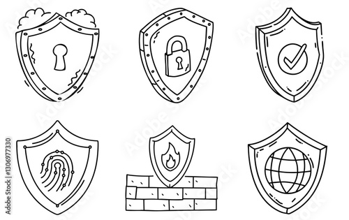 Hand-drawn security icons including shields with locks and symbols of protection.