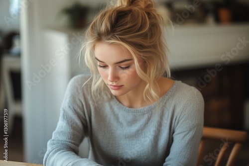 Woman With Long Blonde Hair Sitting at Wooden Table in Cozy Room, Focused and...
