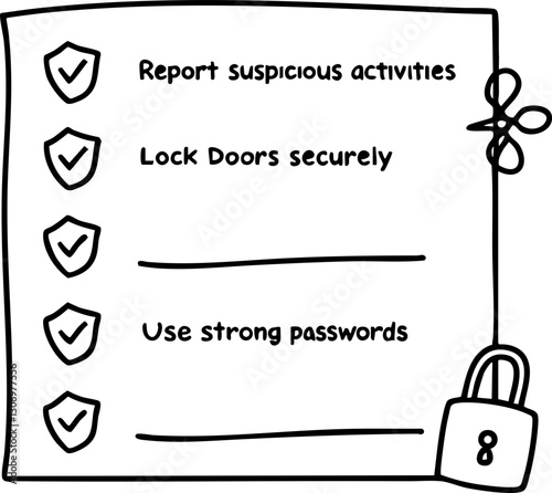 Checklist with security tips including strong passwords and reporting suspicious activities.