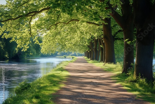 Pathway Lined With Lush Trees Beside a Calm River in a Tranquil Green Park Du...