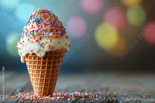 Colorful Ice Cream Cone With Sprinkles in a Festive Setting on a Warm Evening