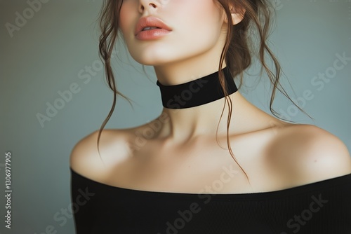 Woman With Soft Features in a Black Off-Shoulder Top Poses Against a Neutral ...