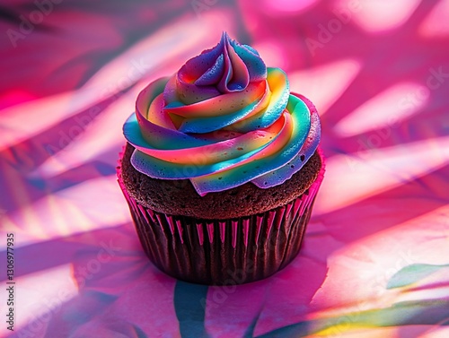 Rainbow cupcake, vibrant frosting, pink background photo