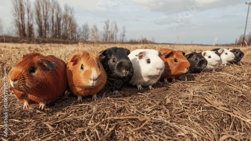 Group of guinea pigs standing in a line on a dry grassy field. there are nine guinea pig in total, with six of them in the front row and three in the back row.