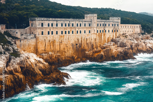 A majestic fortress towering over a rocky cliff, surrounded by dramatic landscapes, evoking a sense of strength and ancient power photo