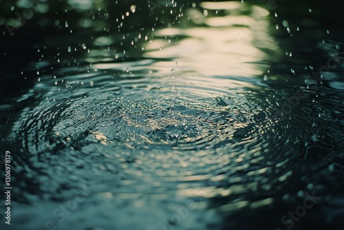 Raindrops Create Ripples on Calm Water Surface During Twilight Near a Peacefu...