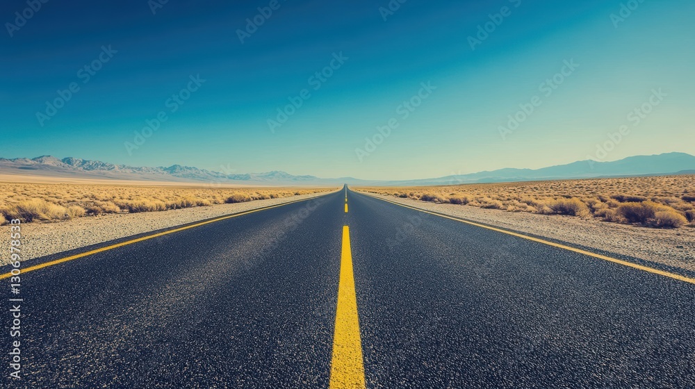 Endless Straight Road Through Desert Landscape Under Clear Blue Sky with Mountains in the Distance and Golden Dry Vegetation Alongside Endless Straight Road Through Desert Landscape Under Clear Blue Sky with Mountains in the Distance and Golden Dry Vegetation Alongside