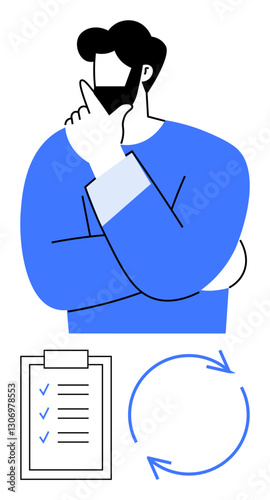 Man thoughtfully analyzing with hand on chin, checklist with marked items, and a circular flow diagram. Ideal for decision-making, planning, ideas, workflows, analysis, problem-solving flat simple