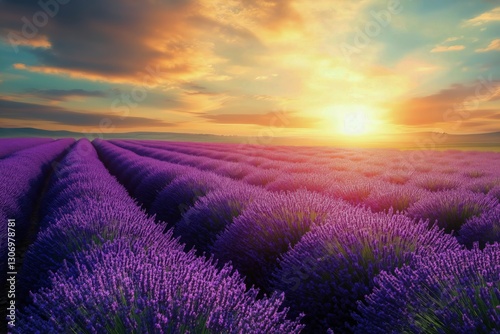 Sunset Over Lavender Fields Creating a Serene Evening Atmosphere