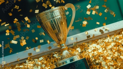 Celebration of Achievement With a Golden Trophy and Confetti During an Awards...
