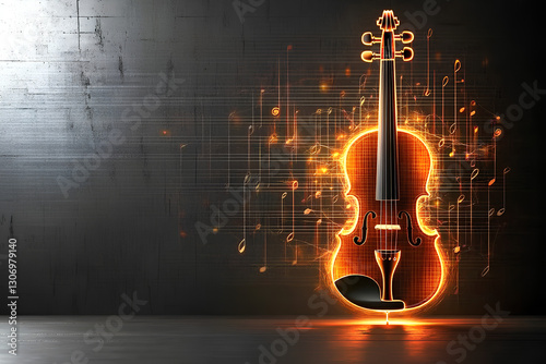 Enchanting glowing violin surrounded by floating musical notes, creating a magical and artistic atmosphere for music lovers photo