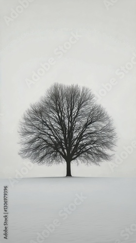 Lonely Tree Stands in a Snowy Landscape Under a Gray Sky at Winter