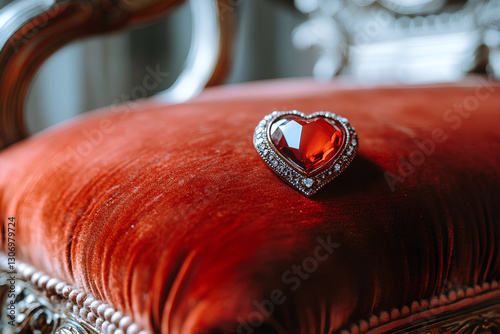  Elegant heart-shaped diamond ring displayed on a luxurious red pillow, symbolizing love and romance photo