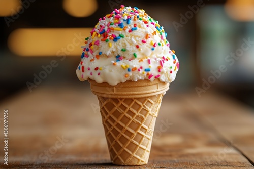 Colorful Ice Cream Cone With Sprinkles in a Festive Setting on a Warm Evening