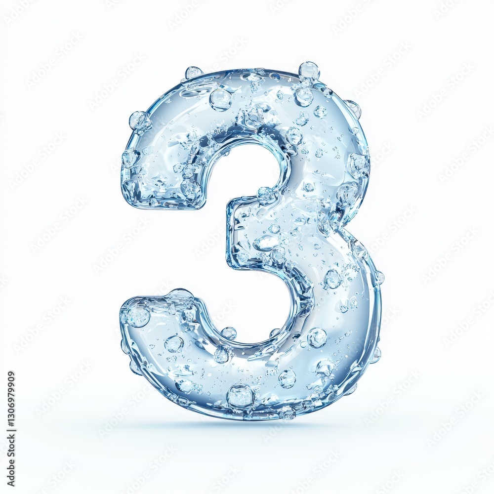 Of the number 3 made of frozen ice with crystalline transparency and tiny trapped air bubbles, isolated on a clean white background Of the number 3 made of frozen ice with crystalline transparency and tiny trapped air bubbles, isolated on a clean white background