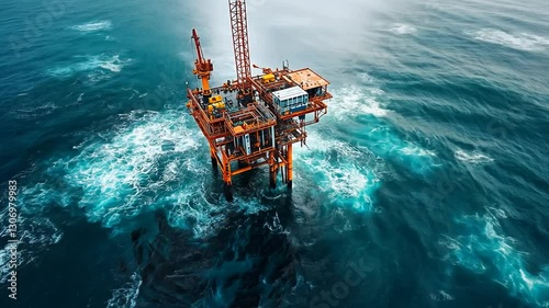 Offshore oil and gas platform in the middle of the turbulent wavy ocean environment