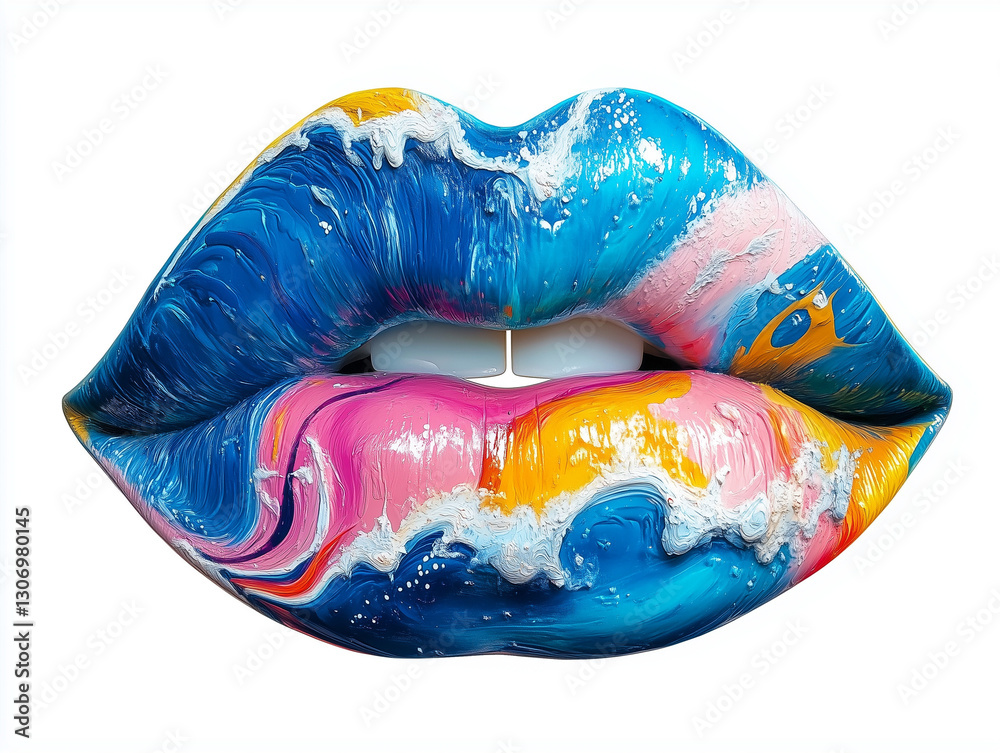 Obraz premium Abstract Artistic Lips with Vibrant Textured Color Swirls and Glossy Finish