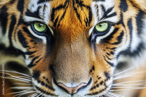 Majestic Tiger With Vibrant Fur and Piercing Green Eyes Gazes Intensely at th...
