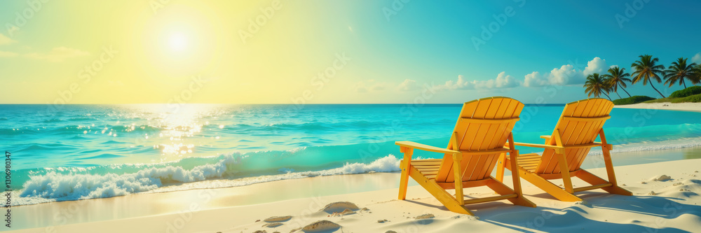 A serene beach scene with two wooden chairs facing the ocean at sunrise, palm trees in the background. A serene beach scene with two wooden chairs facing the ocean at sunrise, palm trees in the background.