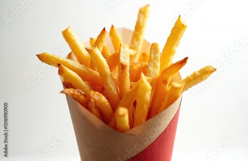 Close-up of golden french fries in cardboard container isolated on white. Crispy fried potato sticks, popular fast food snack. Potatoes deep fried to a golden brown delicious perfection.