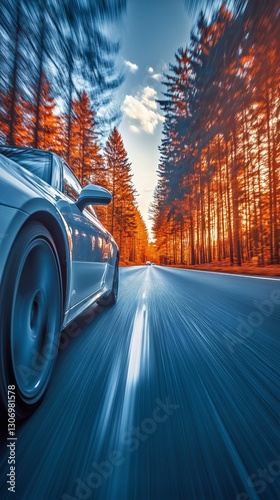 Driving Through a Winding Road With Autumn Trees and a Clear Sky