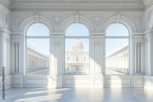 Elegant Classical Style Room Interior with Large Windows and Ornate Architecture
