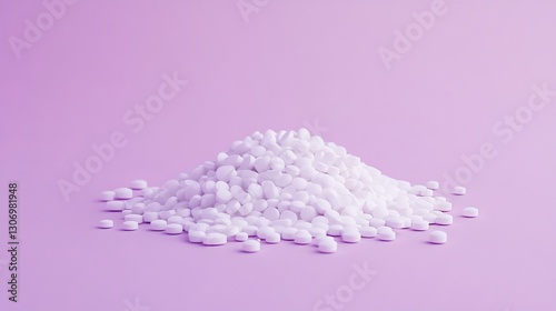 A pile of small white pills on a soft purple background, neat and calming, ultra-detailed, 4k