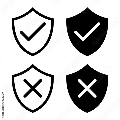 Vector isolated Security Shield icon set in black outline and fill