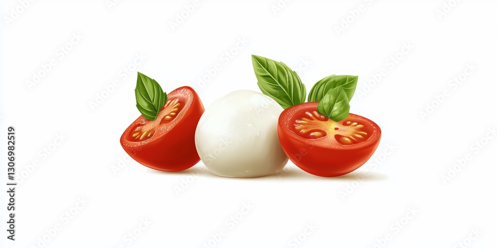 Realistic food icon of a fresh Caprese salad with tomatoes, mozzarella, and basil isolated on white background Realistic food icon of a fresh Caprese salad with tomatoes, mozzarella, and basil isolated on white background