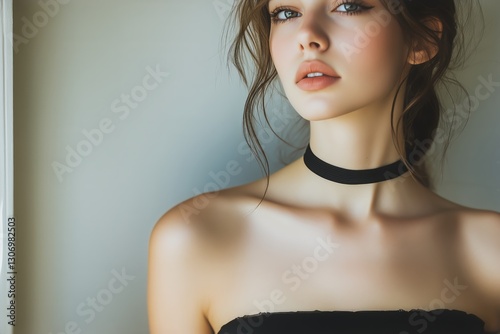 Woman With Soft Features in a Black Off-Shoulder Top Poses Against a Neutral ...