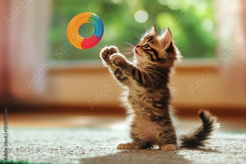 Playful Kitten Reaches for Colorful Ball in Cozy Living Room Setting With Sof...